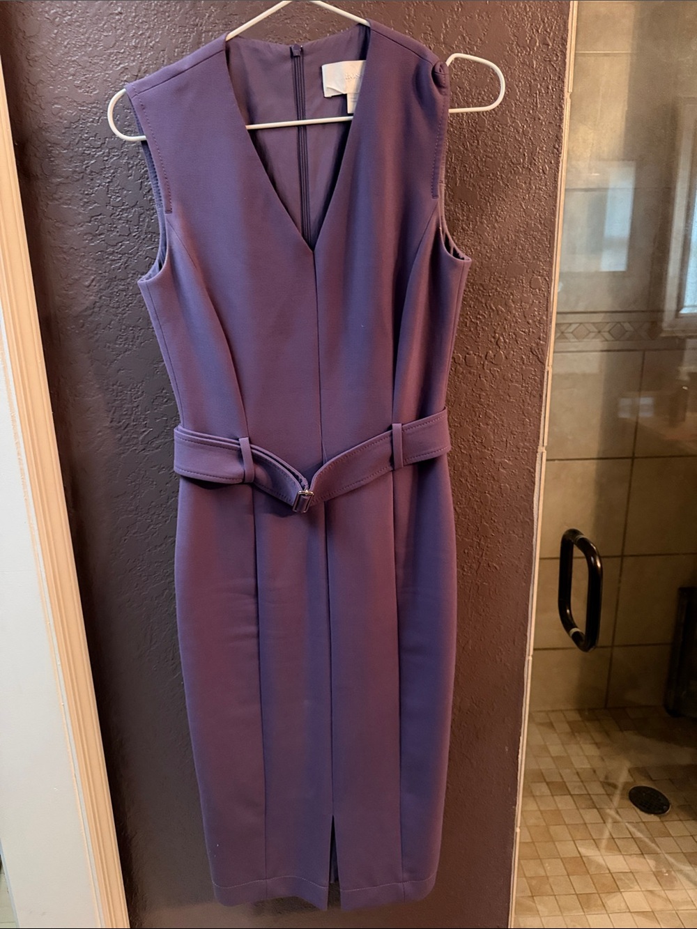Boss Purple Sleeveless V-Neck Midi Sheath Dress with Belt
